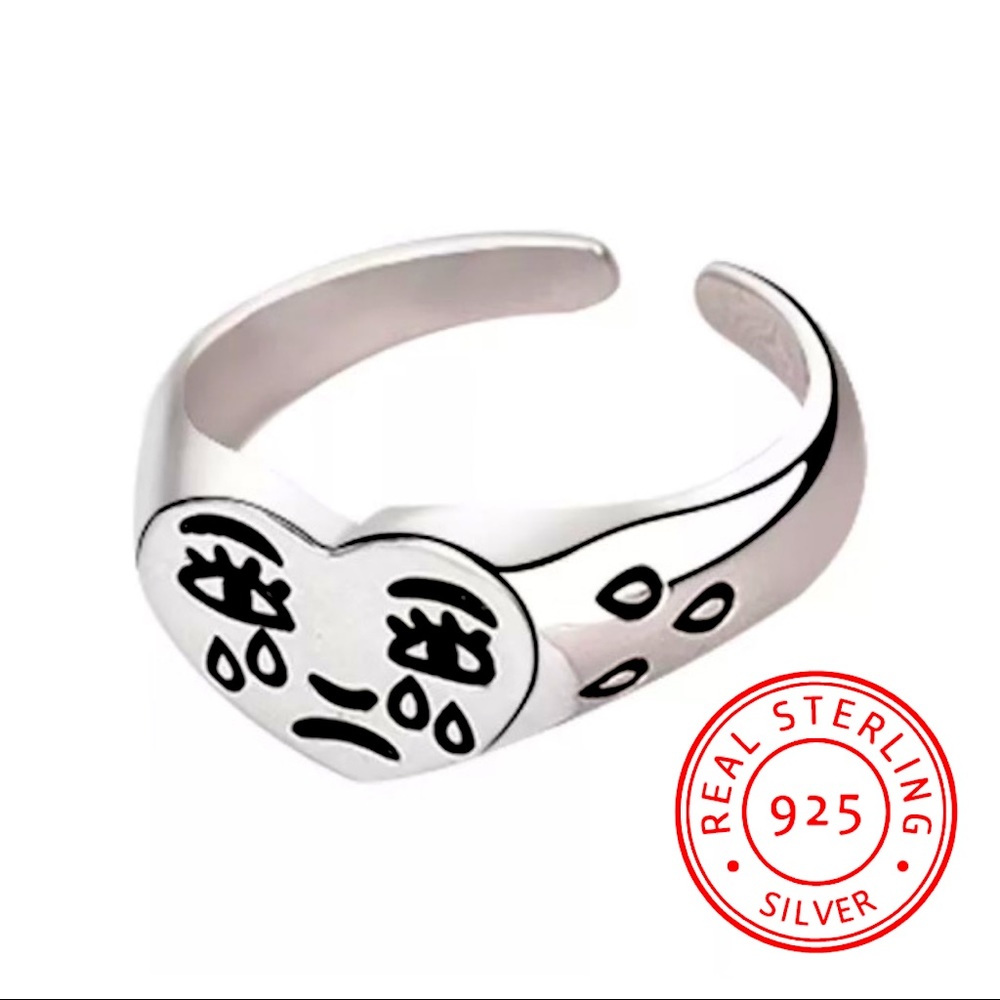 Sterling Silver Sad Crying Face Adjustable Ring - Picture 2 of 10